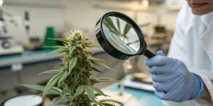 Inspection bourgeon cannabis loupe en laboratoire avec scientifique examinant les trichomes