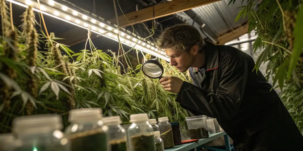 Inspection cannabis loupe en culture intérieure avec producteur observant des plantes sous éclairage LED
