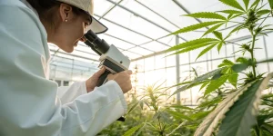 Technicien inspectant une plante de cannabis avec une loupe en culture sous serre