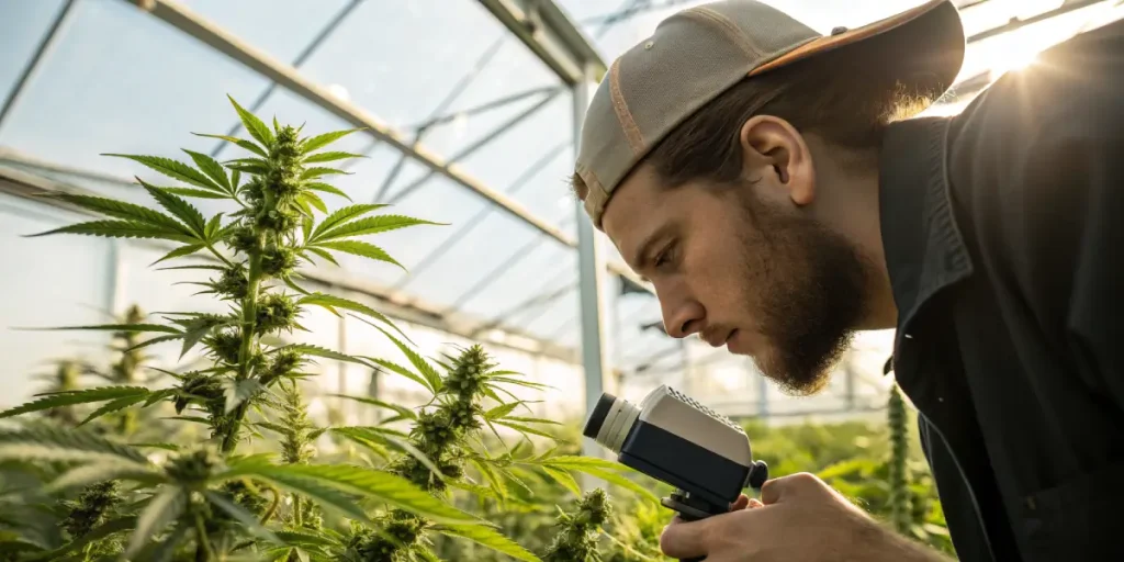 Cultivateur inspectant une plante de cannabis avec une loupe en serre