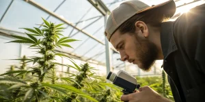 Cultivateur inspectant une plante de cannabis avec une loupe en serre