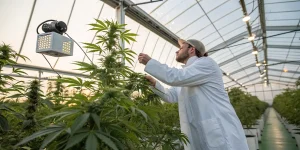 Scientifique inspectant des plantes de cannabis dans une serre contrôlée.