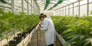 Deux chercheurs en blouse blanche examinent attentivement des plants de cannabis alignés dans une serre moderne. Cette image illustre le suivi des cultures, l’analyse agronomique et les pratiques de contrôle qualité en environnement contrôlé.