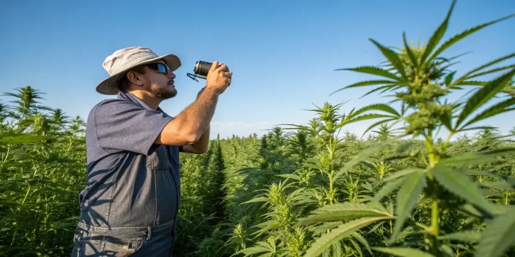 Inspection champ cannabis extérieur avec cultivateur photographiant des plantes sous ciel dégagé