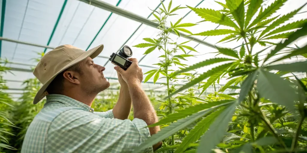 Inspection feuille cannabis serre avec appareil de mesure tenu par un cultivateur sous lumière naturelle