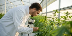 Scientifique inspectant une plante de cannabis dans une serre avec un microscope.