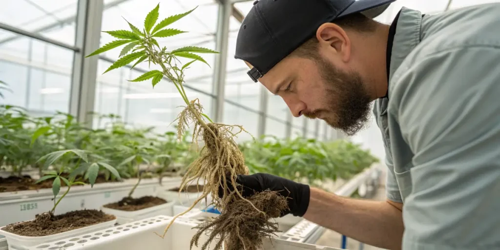 Cultivateur examinant les racines d’une plante de cannabis en serre