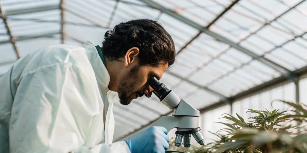Scientifique analysant des plants de cannabis avec un microscope dans une serre.