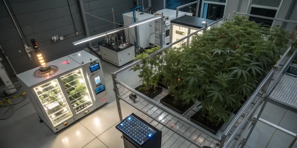 Installation industrielle de culture de cannabis avec systèmes automatisés.