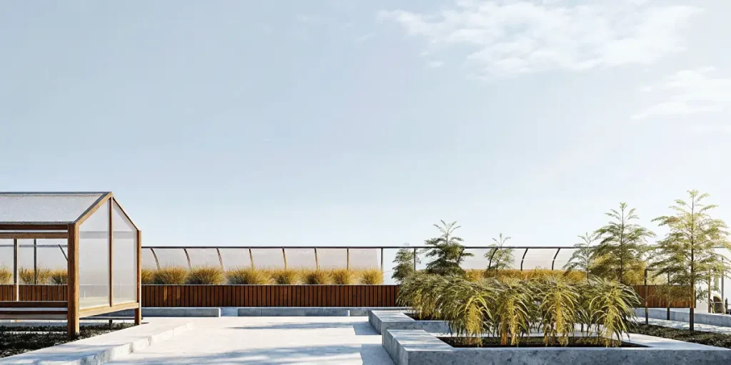 Jardin exterieur moderne dedie a la culture Colombian Gold reguliere.