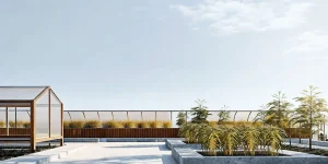 Jardin exterieur moderne dedie a la culture Colombian Gold reguliere.