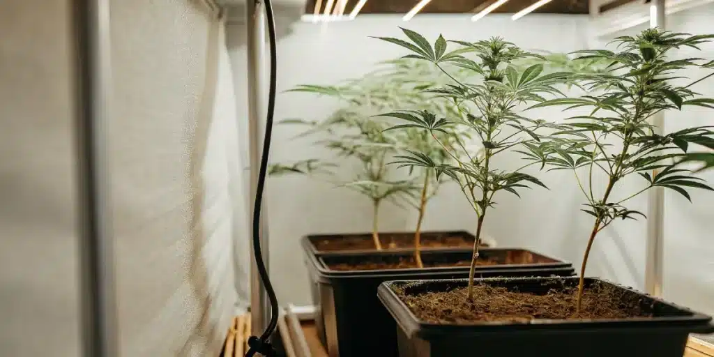 Jeunes plants de cannabis en phase de croissance végétative dans des bacs, cultivés sous éclairage artificiel en intérieur.