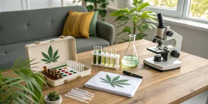 Kit analyse cannabis avec microscope et tests de nutriments sur table en bois dans un intérieur lumineux