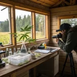 Laboratoire artisanal cannabis avec photographe capturant des échantillons et équipements près d’une fenêtre