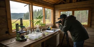 Laboratoire artisanal cannabis avec photographe capturant des échantillons et équipements près d’une fenêtre