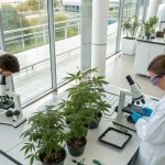 Équipe de scientifiques analysant des plantes de cannabis en laboratoire avec microscopes.