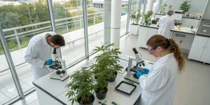 Équipe de scientifiques analysant des plantes de cannabis en laboratoire avec microscopes.