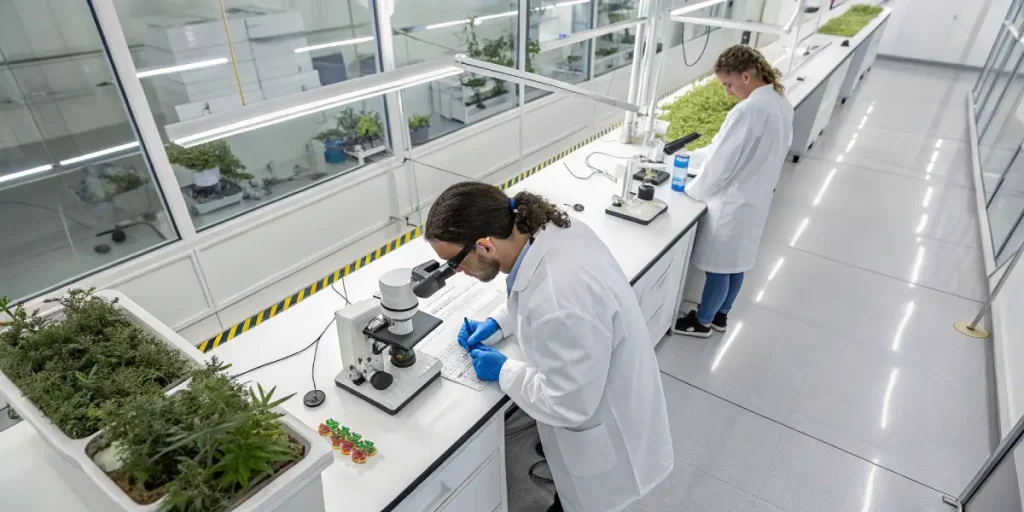 Plants de cannabis en croissance dans une serre avec lumière naturelle.