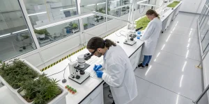 Plants de cannabis en croissance dans une serre avec lumière naturelle.