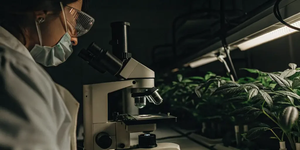 Analyse de plantes de cannabis au microscope sous éclairage LED en laboratoire