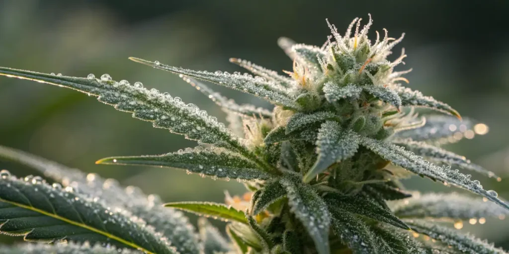 Macro de trichomes de cannabis avec gouttes de résine brillantes