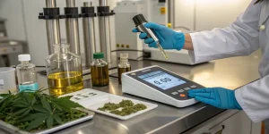 Mesure Brix cannabis laboratoire avec pipette et appareil analysant un extrait liquide
