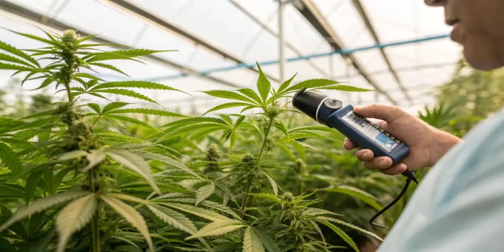 Mesure cannabis capteur en serre avec main utilisant un appareil sur des plantes en croissance