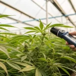 Mesure cannabis capteur en serre avec main utilisant un appareil sur des plantes en croissance