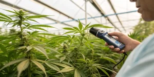 Mesure cannabis capteur en serre avec main utilisant un appareil sur des plantes en croissance