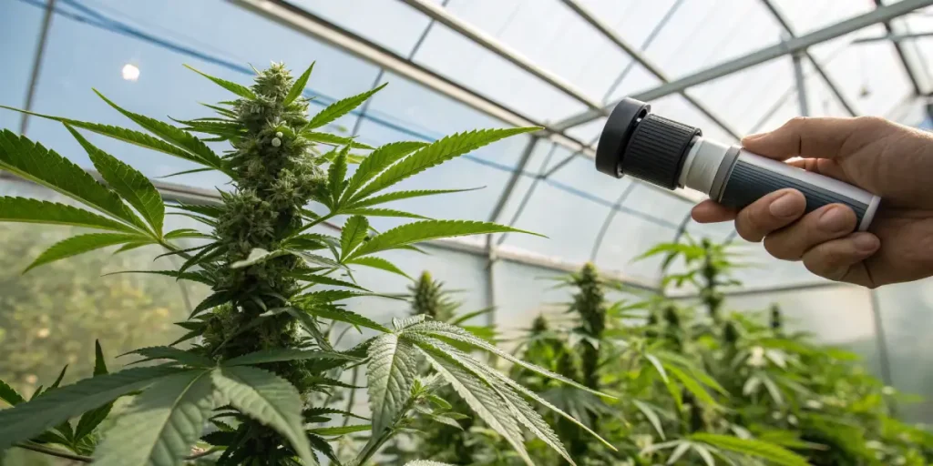 Mesure cannabis refractomètre en serre avec appareil dirigé vers une plante en floraison