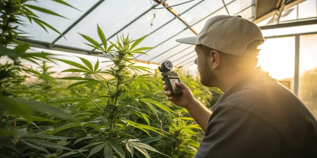 Mesure cannabis serre avec cultivateur utilisant un appareil pour analyser une plante en croissance