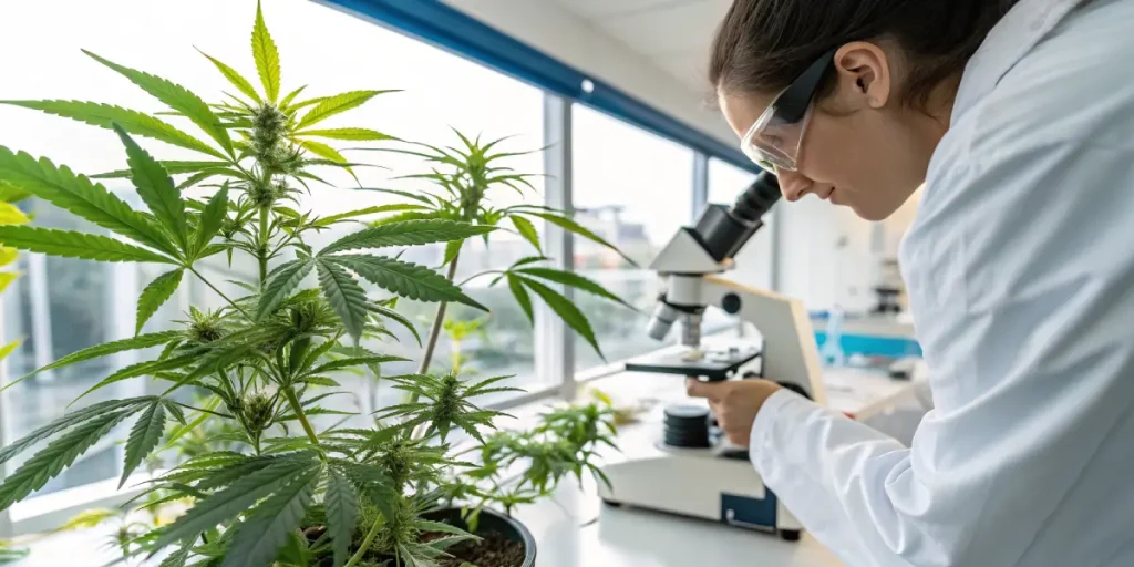 Observation cannabis microscope avec scientifique analysant une plante en pot dans un laboratoire moderne