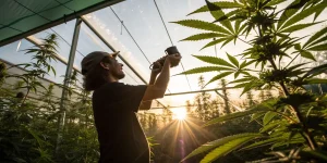 Photographie cannabis serre avec cultivateur capturant des plantes sous lumière du coucher de soleil
