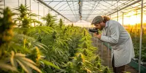 Homme photographiant des plants de cannabis dans une serre lumineuse. Les rangées bien organisées et la lumière naturelle mettent en avant une culture professionnelle et un contrôle de qualité visuel.