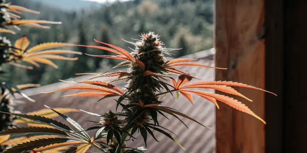 Plante de cannabis en floraison avec des feuilles orangées cultivée en extérieur dans un environnement naturel.