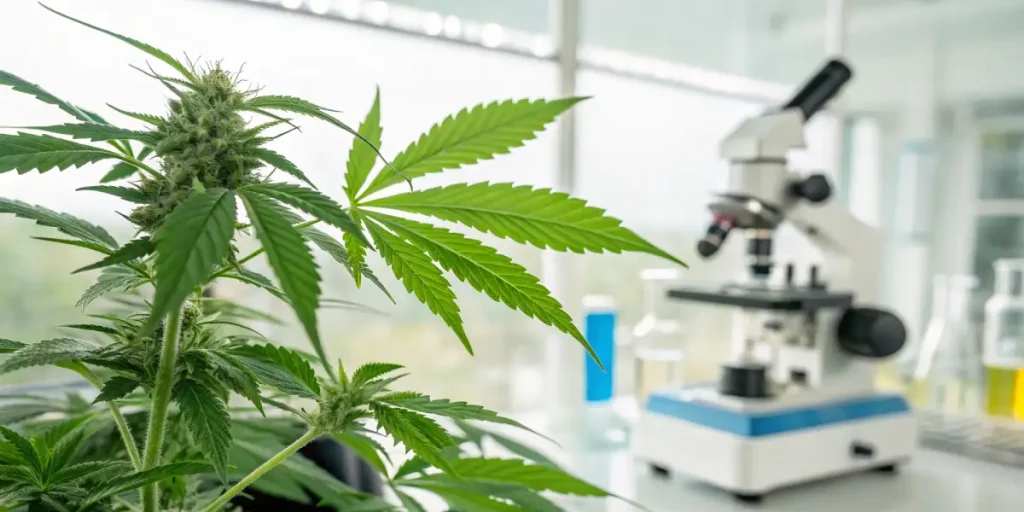 Plante cannabis laboratoire avec microscope en arrière-plan et feuilles vertes bien développées