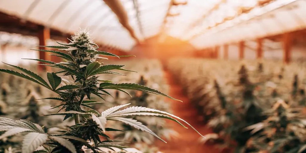 Plante de cannabis en floraison dans une serre au coucher du soleil