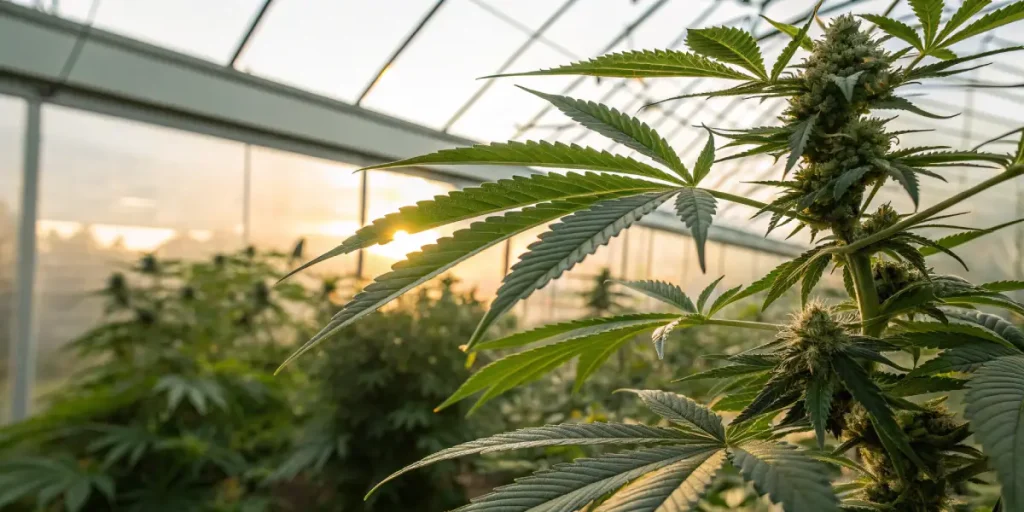 Plante cannabis serre en floraison avec feuilles et bourgeons éclairés par le coucher de soleil