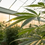 Plante cannabis serre en floraison avec feuilles et bourgeons éclairés par le coucher de soleil