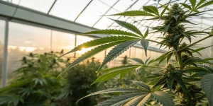 Plante cannabis serre en floraison avec feuilles et bourgeons éclairés par le coucher de soleil
