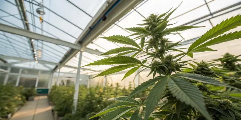Plante de cannabis en serre en phase de floraison avec lumière naturelle