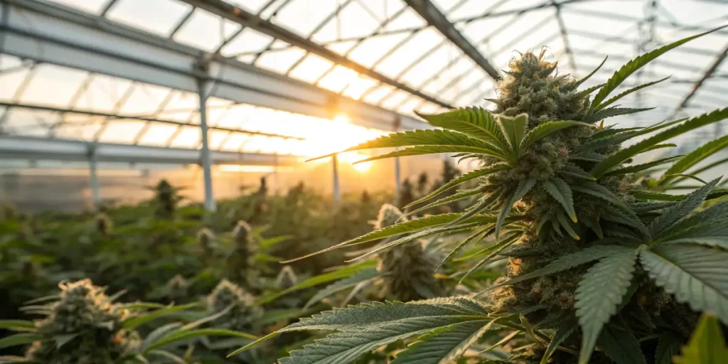 Plante cannabis serre en floraison avec trichomes visibles sous lumière naturelle chaude