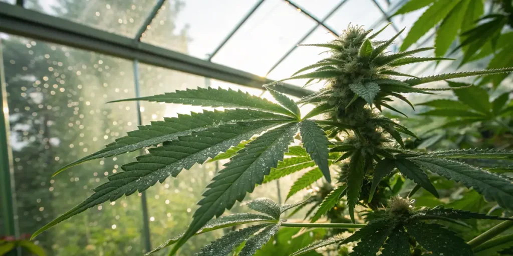 Plante cannabis trichomes en serre avec feuilles couvertes de rosée sous lumière naturelle