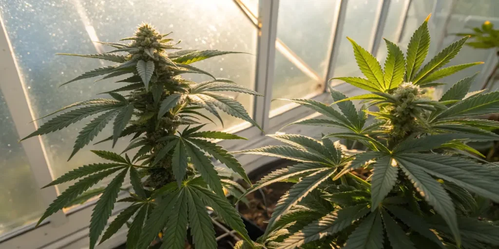 Plantes cannabis floraison en serre avec bourgeons exposés à la lumière naturelle