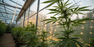 Plantes de cannabis dans une serre avec éclairage décoratif et environnement contrôlé