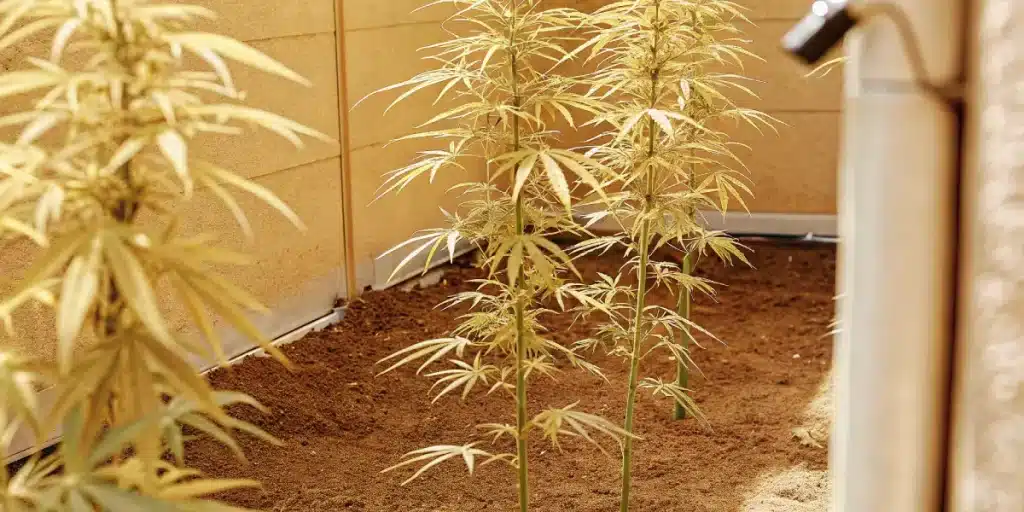 Plantes de cannabis en intérieur présentant un stress lumineux sous éclairage artificiel