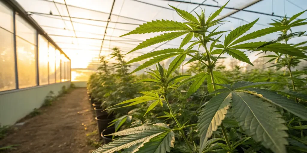 Plantes de cannabis en croissance dans une serre avec lumière chaude naturelle