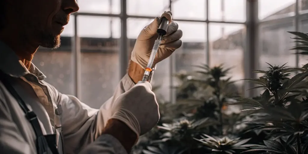 Préparation d’une solution nutritive pour cannabis avec une pipette.