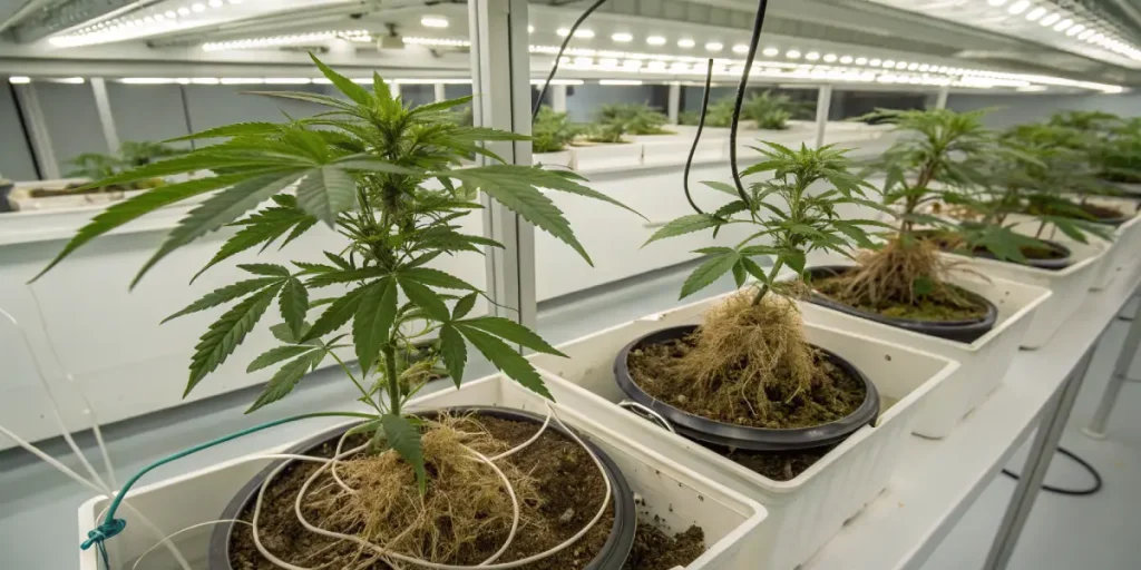 Racines de cannabis en système hydroponique sous éclairage LED