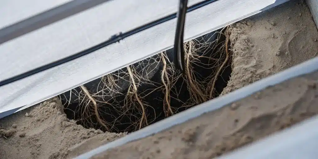 Racines de cannabis avec système d’irrigation goutte à goutte en substrat.
